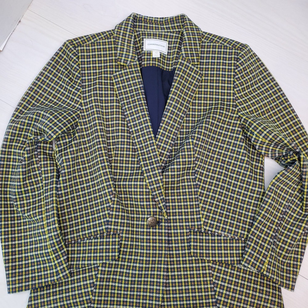 Charter Club Womens 12P Petite Plaid Single Button Blazer Navy Yellow Career